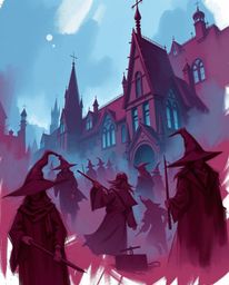 A captivating digital sketch depicts a magical school brimming with young wizards. Rendered in rich burgundy and deep blue hu