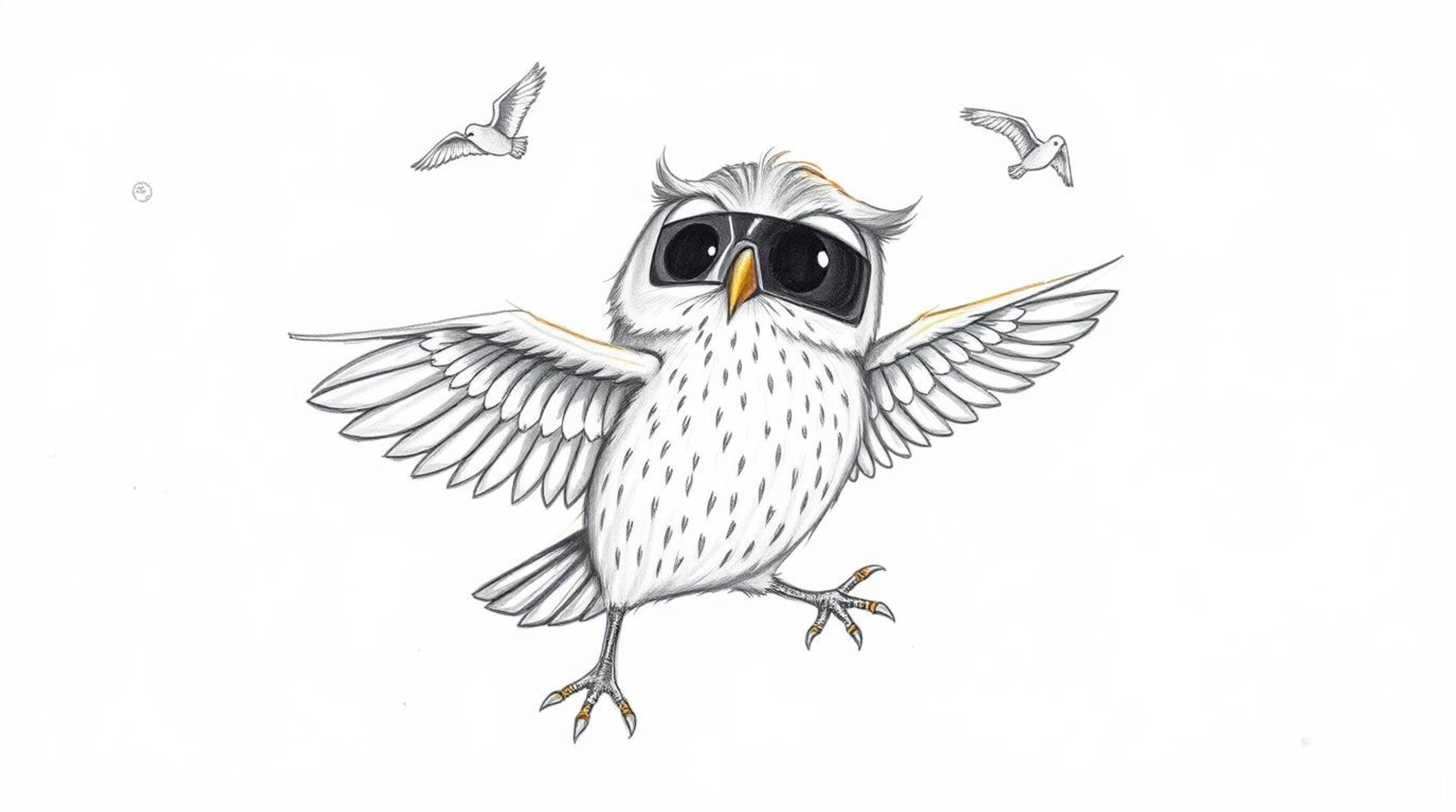 A heartwarming hand-drawn sketch in the style of Pixar, depicting a blind owl mentoring birds in the art of flight. Bathed in