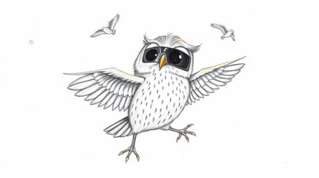 A heartwarming hand-drawn sketch in the style of Pixar, depicting a blind owl mentoring birds in the art of flight. Bathed in