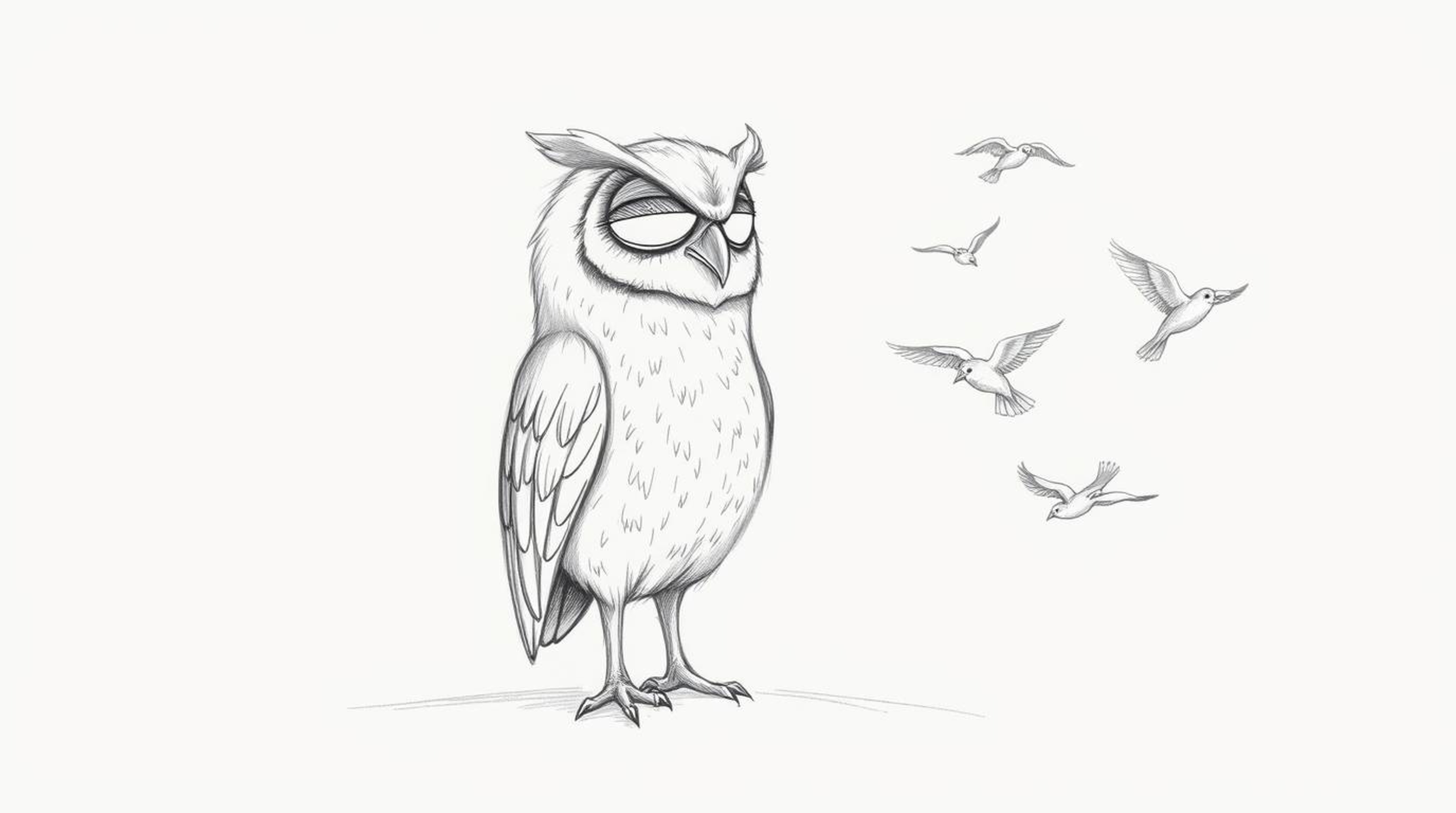 A captivating hand-drawn pencil sketch inspired by Pixar animation, depicting a blind owl with delicate, textured feathers se