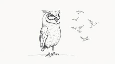 A captivating hand-drawn pencil sketch inspired by Pixar animation, depicting a blind owl with delicate, textured feathers se