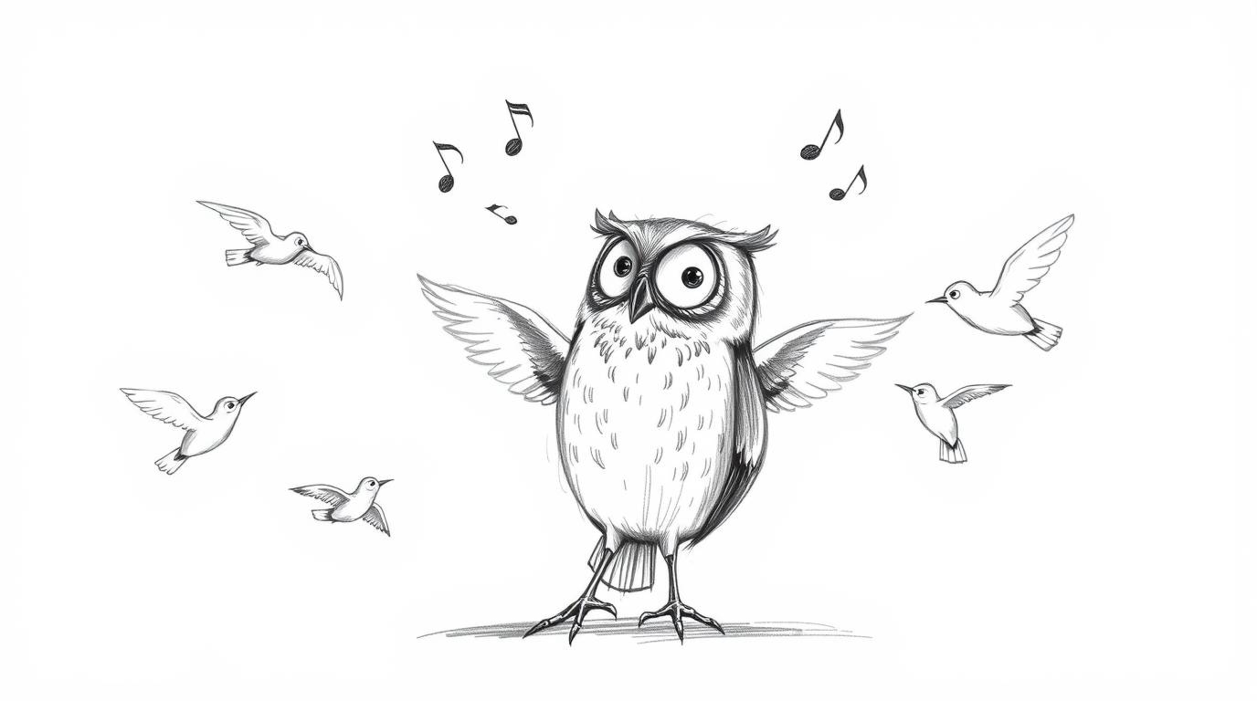 A charming, hand-drawn sketch in the Pixar style depicts a blind owl guiding several birds in flight.  The owl, rendered with
