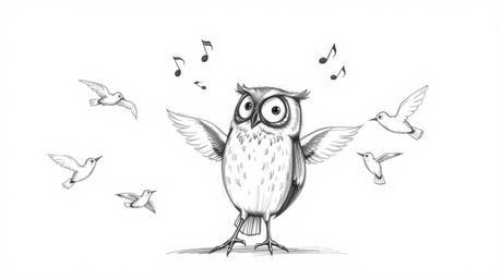 A charming, hand-drawn sketch in the Pixar style depicts a blind owl guiding several birds in flight.  The owl, rendered with