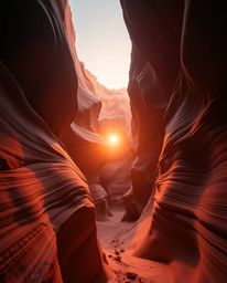 A sunset illuminates sandstone cliffs in a canyon, rendered with dramatic cinematic lighting and a film-like composition. The