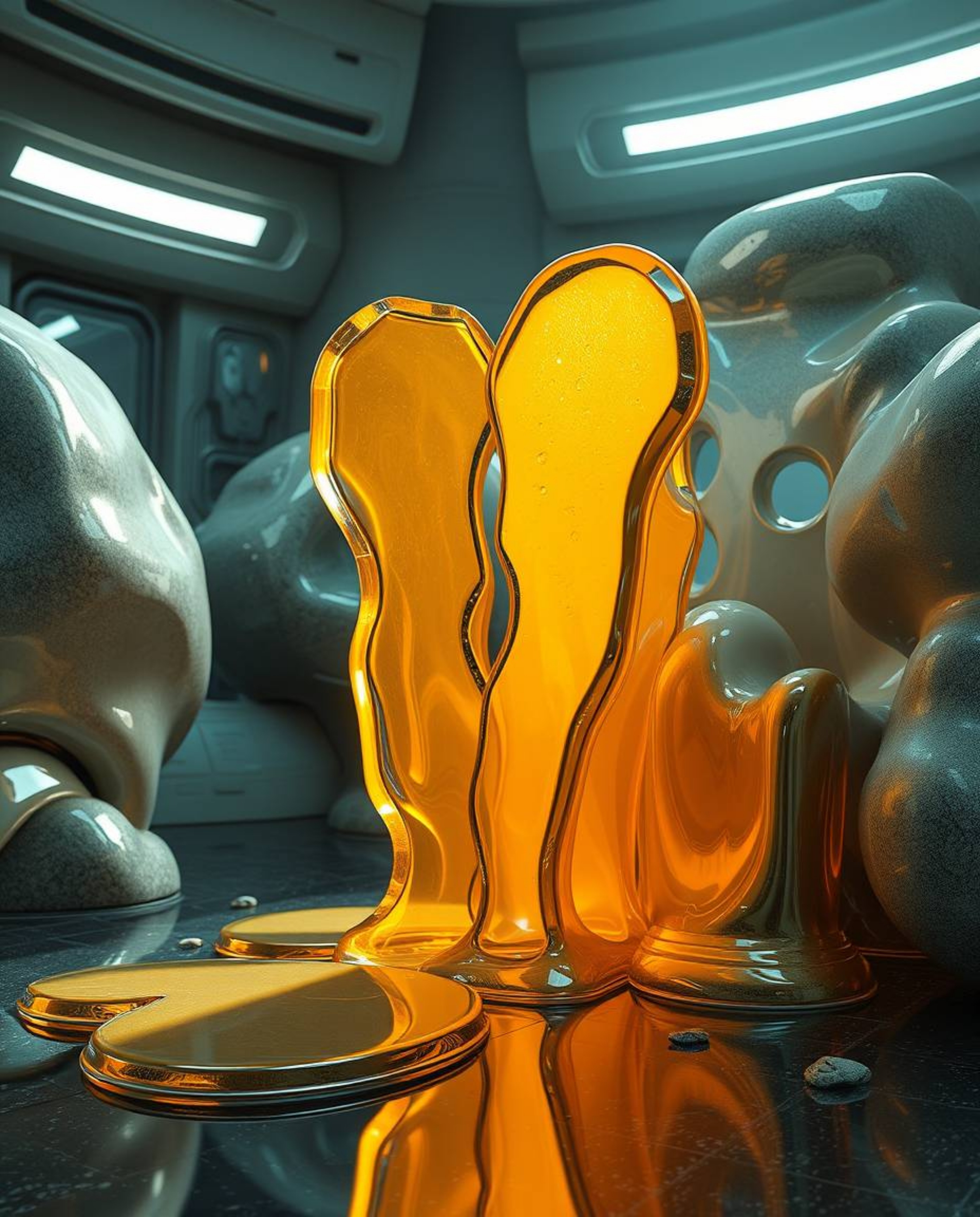 Explore a stunningly surreal 3D render featuring hyperrealistic melted glass shapes within a captivating sci-fi environment. 