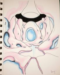 A captivating hand-drawn sketch showcases surreal 3D fluid shapes resembling melted glass, creating a hyperrealistic sci-fi e