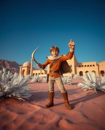 Embark on an otherworldly desert adventure with a brave Disney-style hero. This stunning photography showcases precise archit