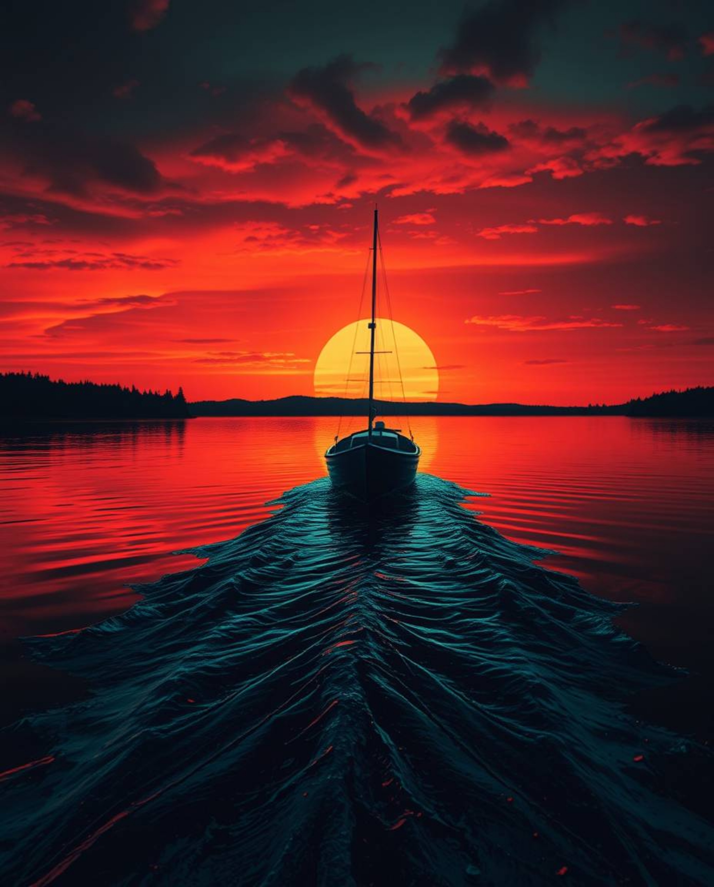 A boat drifting eerily on a lake at sunset, rendered in electric vivid colors. Dark tones and unsettling details create a cre