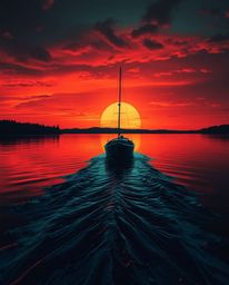 A boat drifting eerily on a lake at sunset, rendered in electric vivid colors. Dark tones and unsettling details create a cre