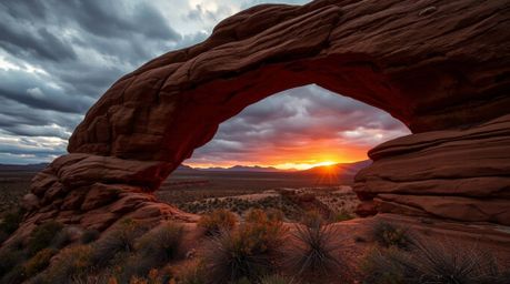 Experience the intense drama of a desert sunset viewed through a natural rock arch.  Warm autumnal colors contrast vividly wi