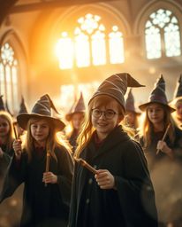 Immerse yourself in a breathtaking scene of a magical school teeming with young wizards, illuminated by the enchanting golden