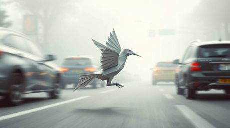 A stunning origami-style depiction of a fast-running bird dynamically zooming past traffic, rendered with a soft cinematic ha