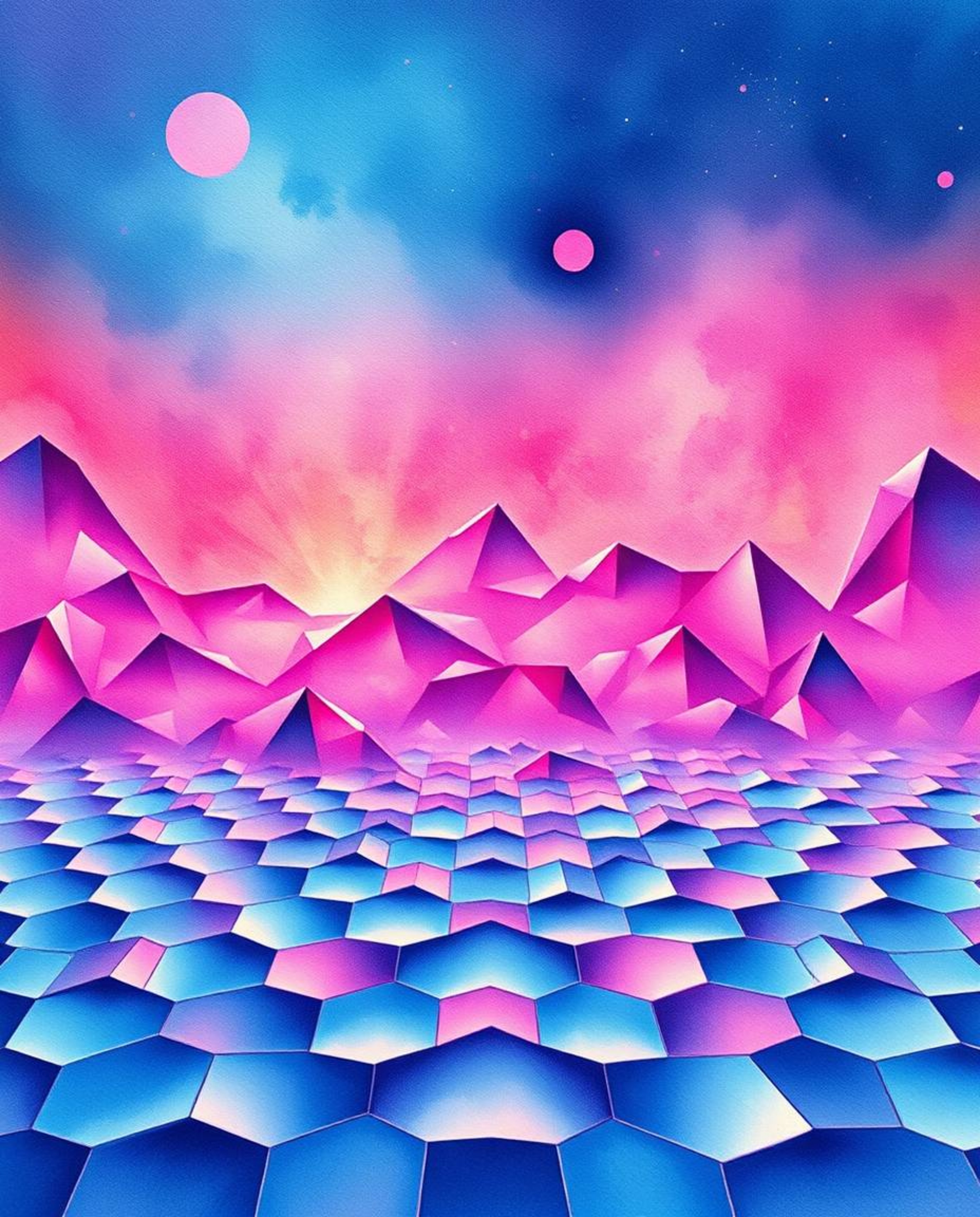 This delicate watercolor painting captures a massive, epic scene interwoven with a seamless geometric pattern of hexagons and