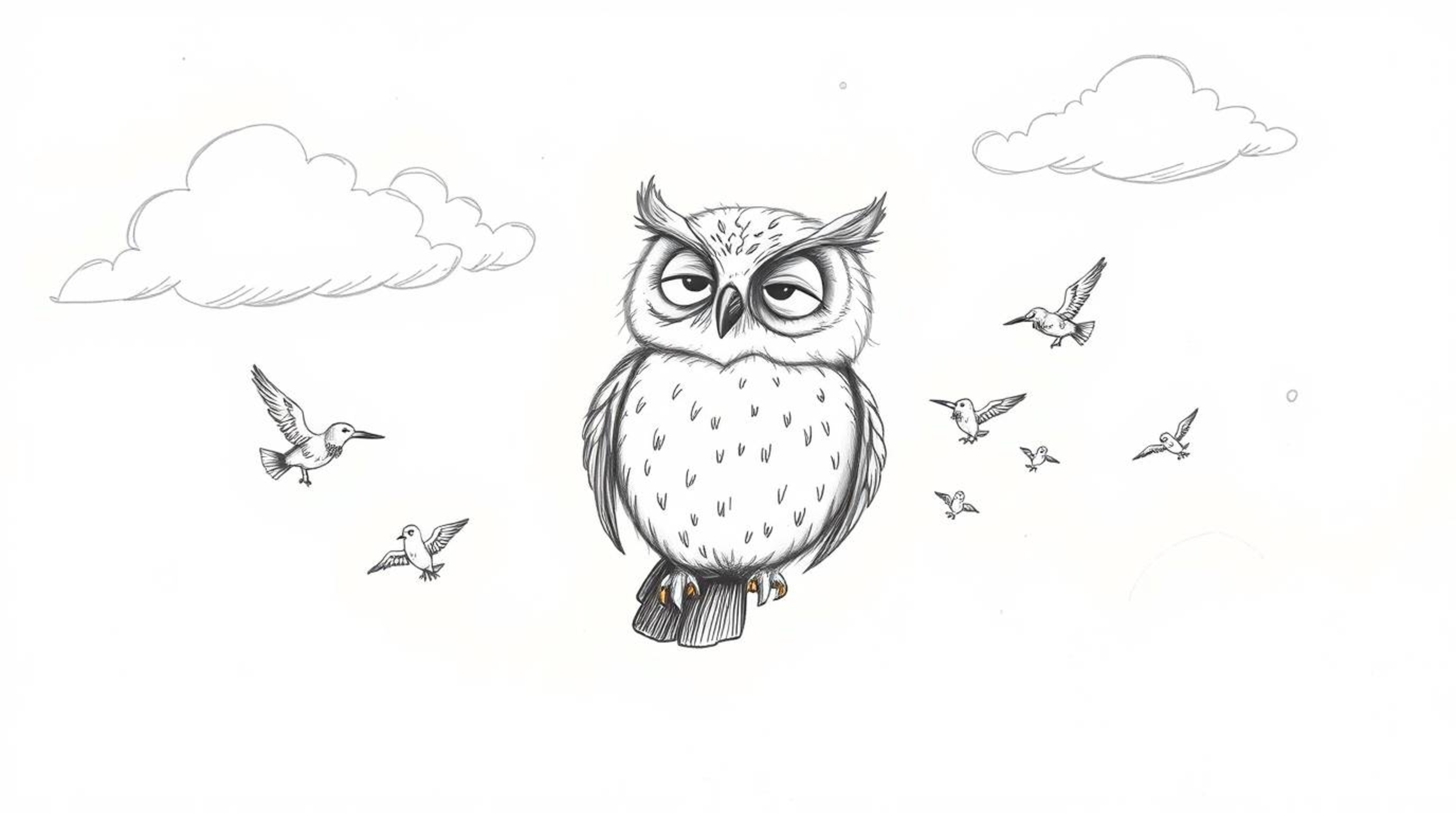 A heartwarming hand-drawn sketch in the style of Pixar, featuring a wise-looking, blind owl with soft, downy feathers. The ow