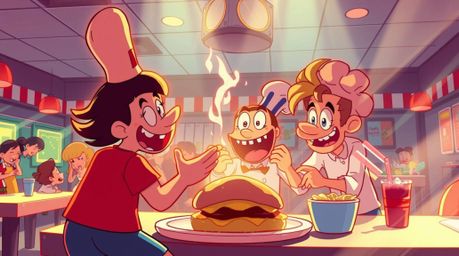 Experience a vibrant and chaotic cartoon cafeteria food fight, rendered with radiant and luxurious detail. High contrast ligh