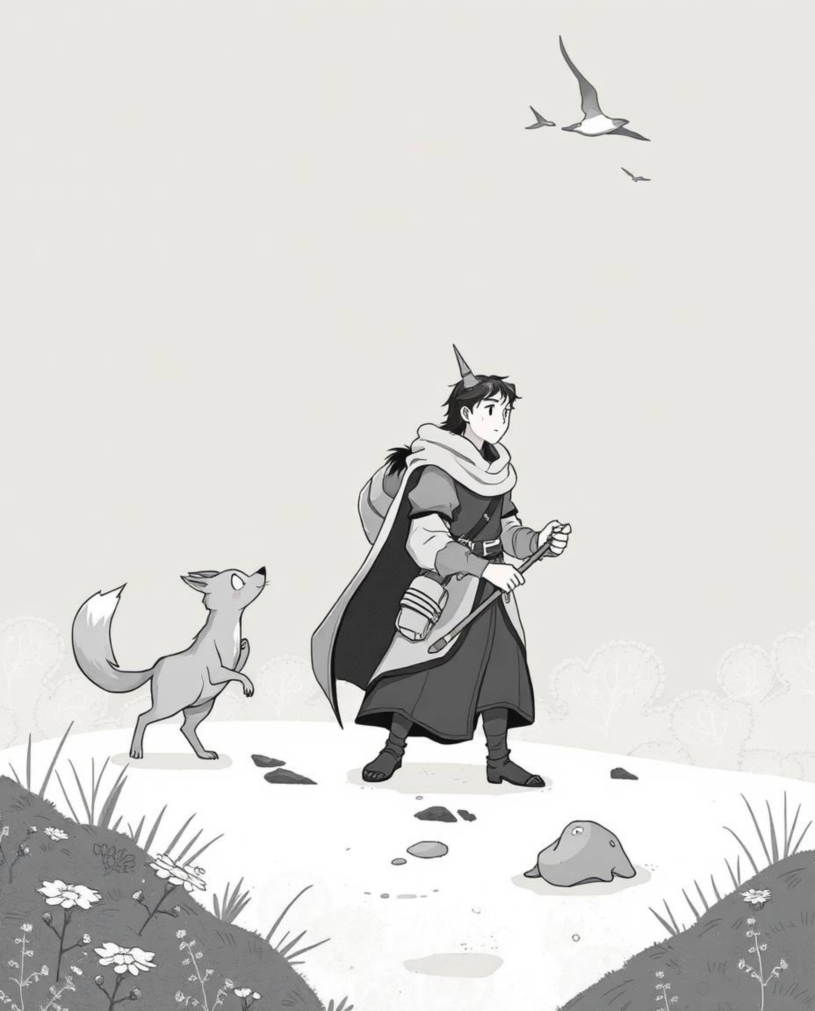 Embark on a mystical journey alongside a hero and their talking animal sidekick in this timeless black and white illustration