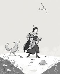 Embark on a mystical journey alongside a hero and their talking animal sidekick in this timeless black and white illustration