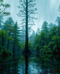 A digital painting captures a mesmerizing scene of a natural forest veiled in a wet, rainy atmosphere, overlaid with a digita