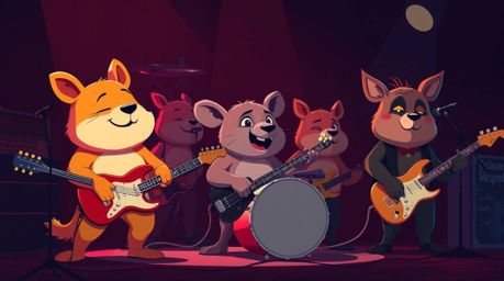 A captivating image of a cartoon animal rock band bathed in dramatic, high-contrast low-key lighting.  Rich burgundy and deep