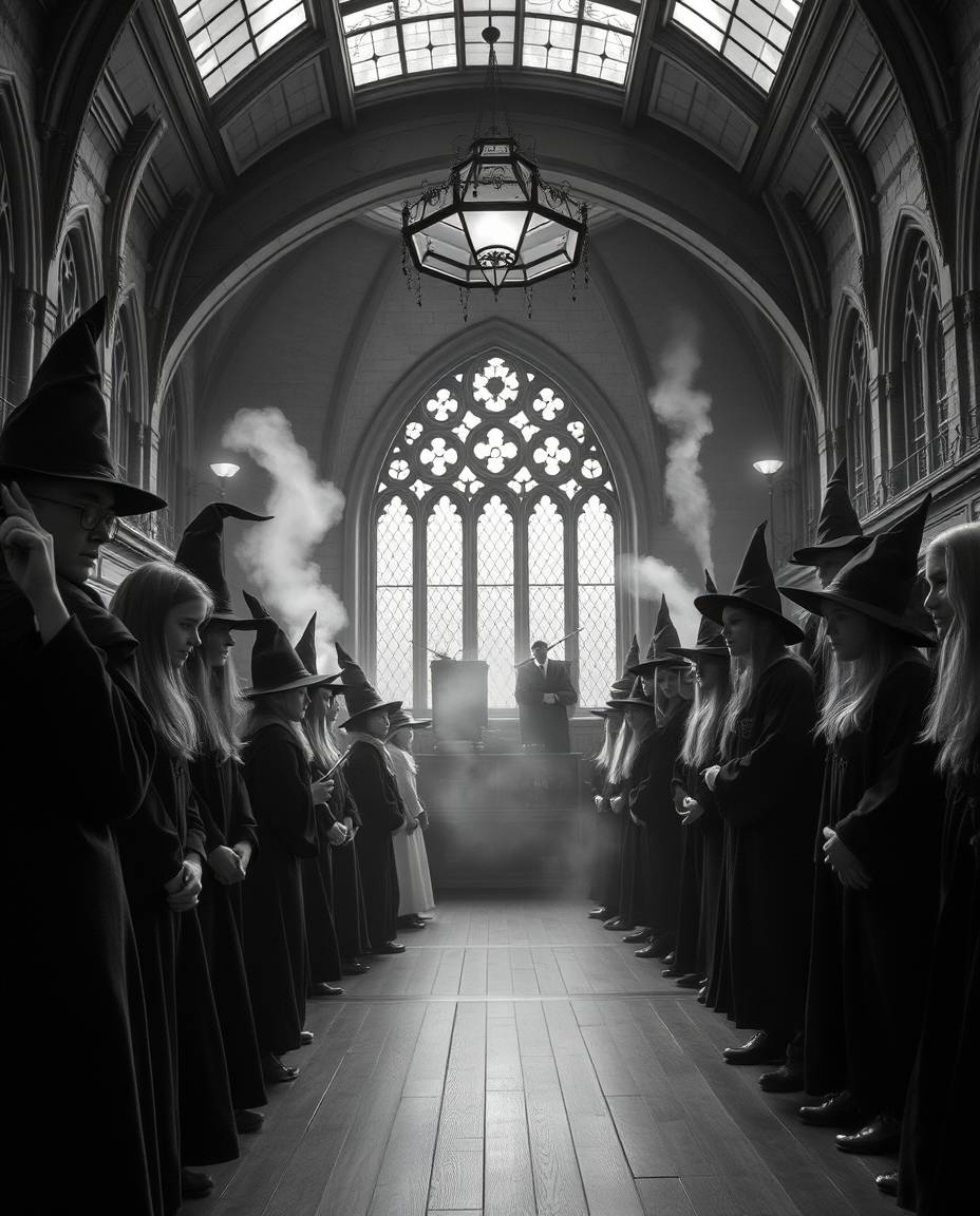 Capture the timeless elegance of a magical school filled with young wizards in this high-resolution black and white stock pho