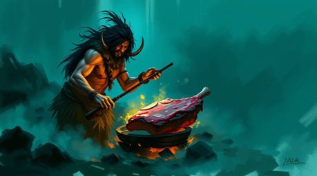 A dynamic digital sketch portrays a caveman skillfully preparing mammoth meat, enveloped in a rich, deep teal color scheme co