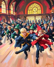 A captivating acrylic painting depicts a magical school brimming with young wizards in dynamic action poses.  Bold brushstrok