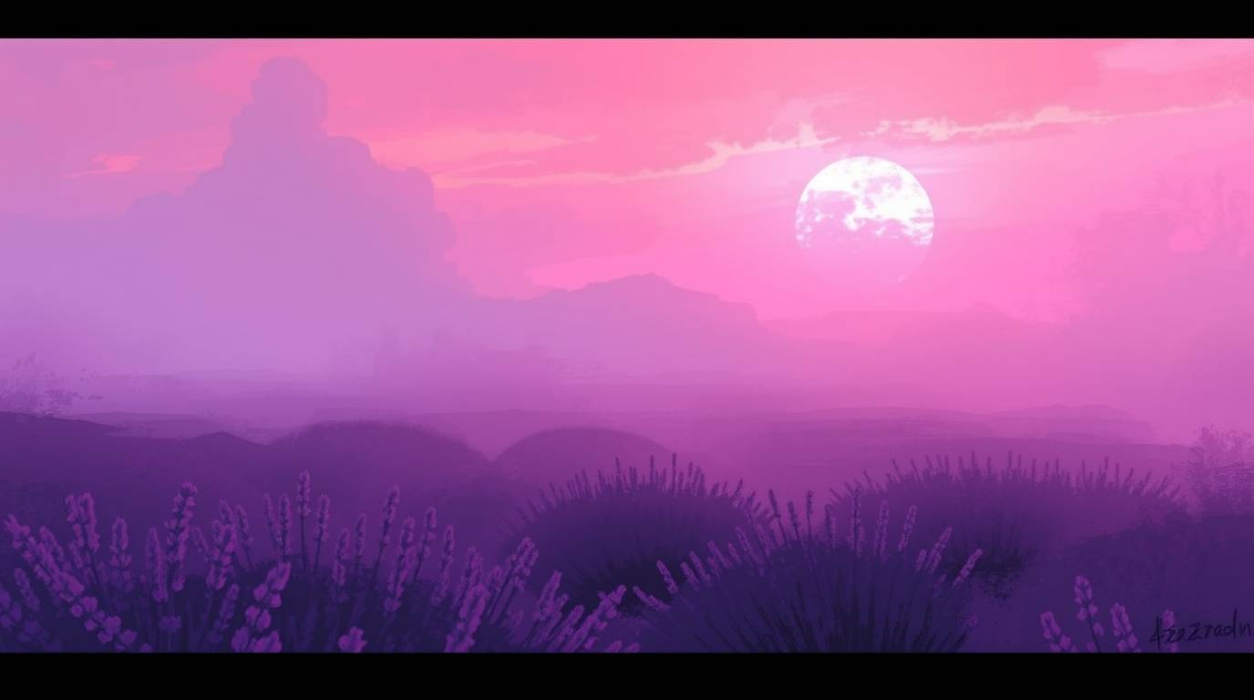 Experience a dynamic digital sketch capturing misty, atmospheric lavender fields glowing under a dreamy pink sky. This concep