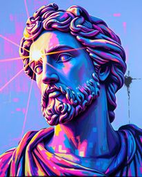 A bold acrylic painting showcases a classical sculpture infused with a vibrant, colorful glitch effect.  Bright lens flares, 
