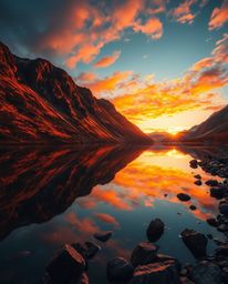 An image of a glassy fjord reflecting a sunset, bathed in warm autumnal colors. The scene is defined by intense, dramatic lig