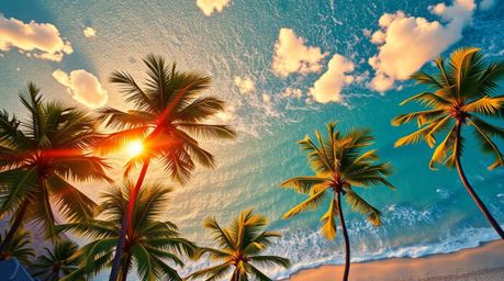 Experience the breathtaking beauty of a tropical sunset from a unique perspective. This vibrant overhead shot captures the li