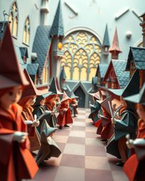 Discover a captivating magical school brimming with young wizards, uniquely depicted through the intricate art of origami.  E