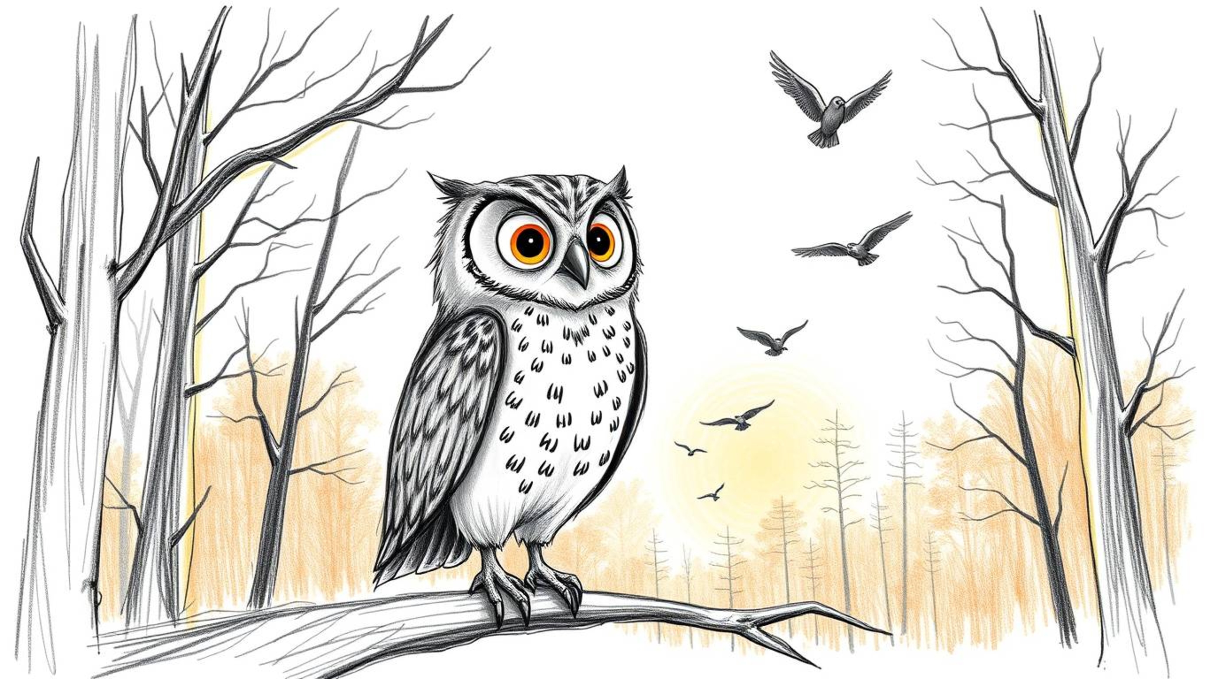 A heartwarming Pixar-style hand-drawn sketch depicts a blind owl, with soft, detailed feathers and a serene expression, patie