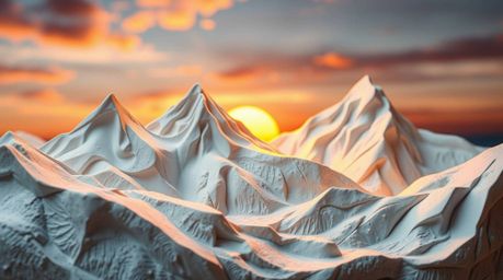 A captivating clay sculpture depicting snow-capped mountains bathed in the warm glow of a sunset.  This dynamic artwork featu