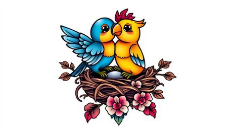 This vibrant tattoo art print features two cartoon birds meticulously building a nest, rendered in a classic animation style.
