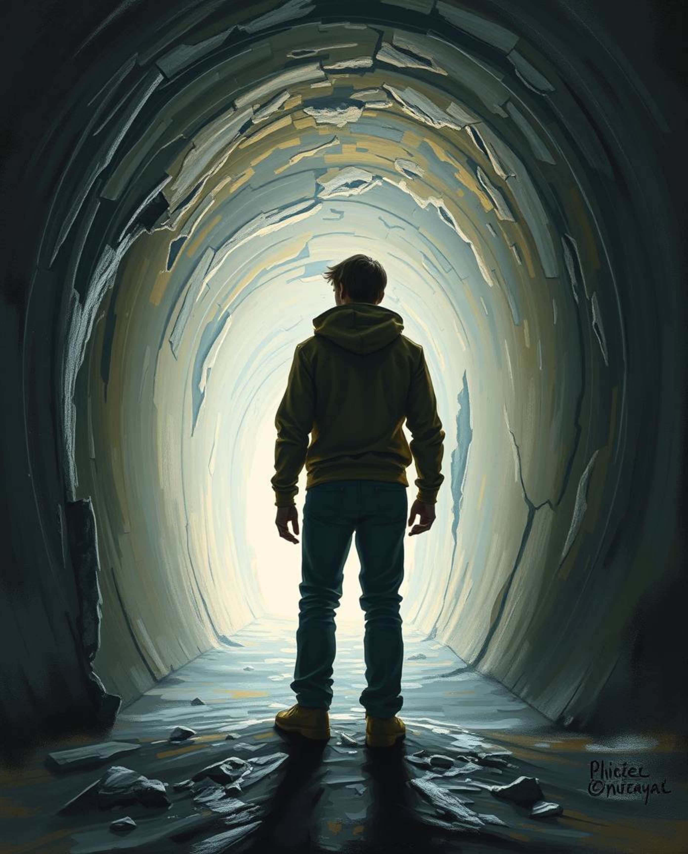 A captivating scene reminiscent of a classic oil painting, featuring a heroic figure standing at the tunnel's edge, intently 