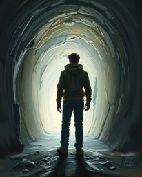A captivating scene reminiscent of a classic oil painting, featuring a heroic figure standing at the tunnel's edge, intently 