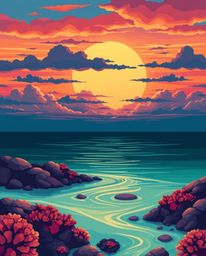 A modern flat design illustration captures a colorful sky over a coral reef at low tide. The artwork features a rich, deep te