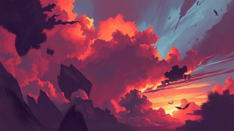 Experience a dynamic digital sketch rendered in surreal infrared tones, showcasing thunderstorm clouds dramatically illuminat