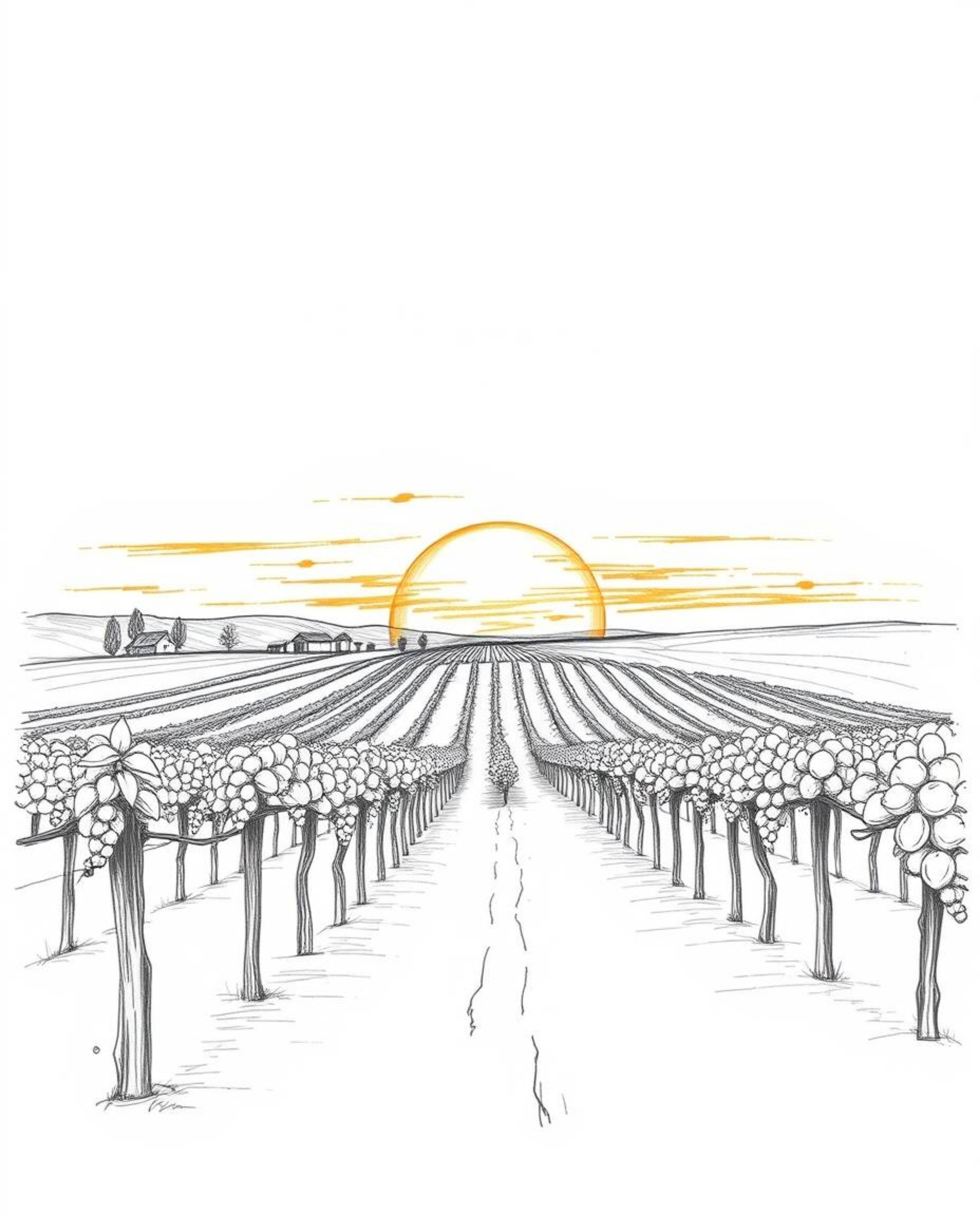 This is a grand and epic hand-drawn sketch depicting a sunset over a vineyard, rendered with energetic, rough pencil strokes 
