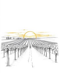 This is a grand and epic hand-drawn sketch depicting a sunset over a vineyard, rendered with energetic, rough pencil strokes 