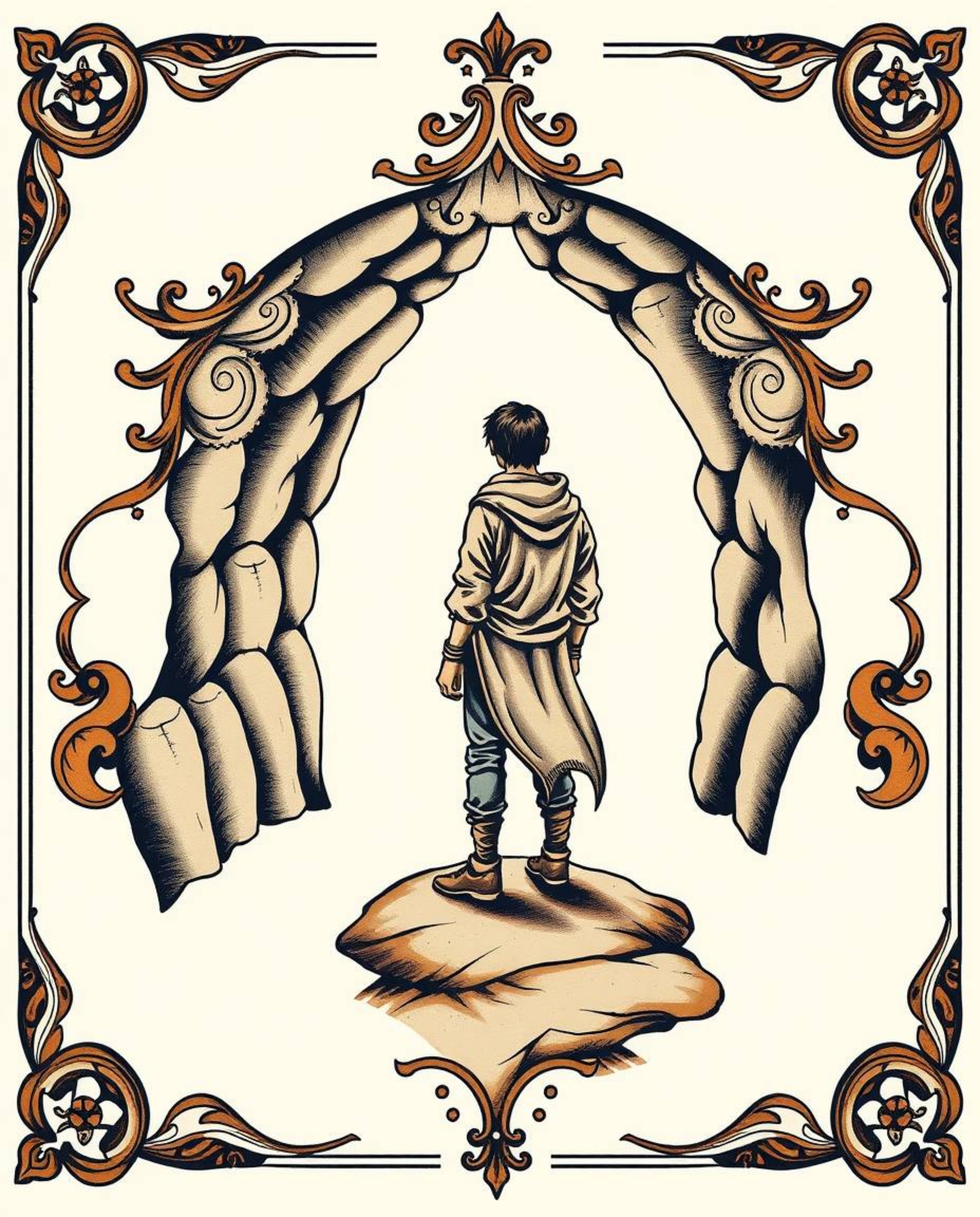 This symbolic traditional tattoo art print features a person standing at the edge of a tunnel, facing a captivating light sou