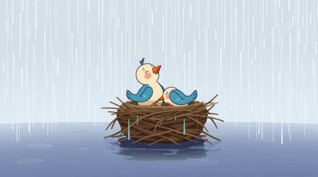 A charming animation depicting two cartoon birds diligently building a nest in a gentle, drizzling rain.  Soft pastel colors 