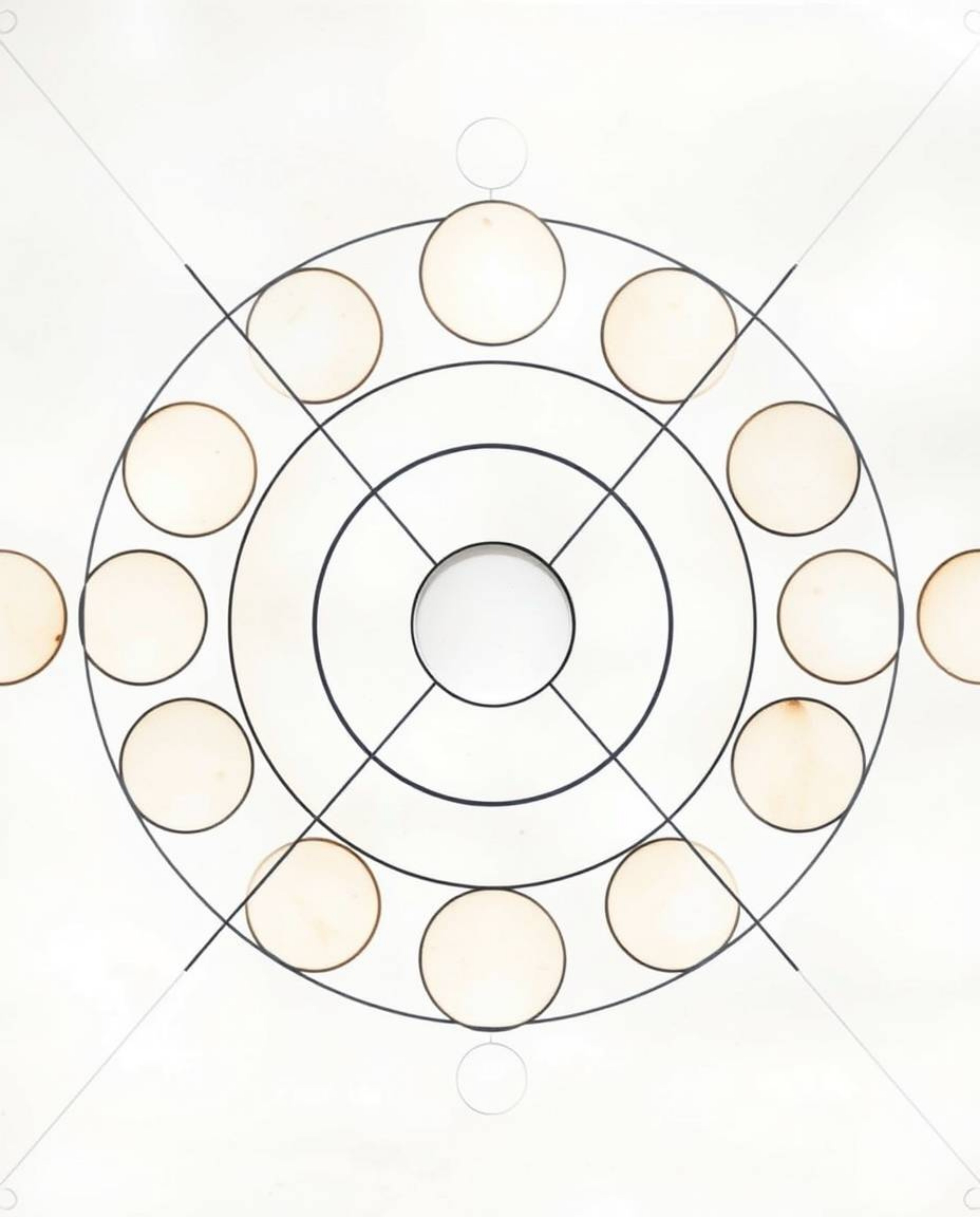 A delicate watercolor painting showcases a minimalist geometric pattern of circles and lines in the Bauhaus style.  Transluce