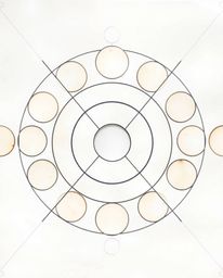 A delicate watercolor painting showcases a minimalist geometric pattern of circles and lines in the Bauhaus style.  Transluce