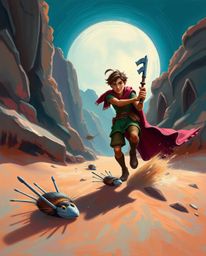 Experience a daring Disney hero's desert adventure depicted in a classic oil painting style. The artwork boasts rich, deep te