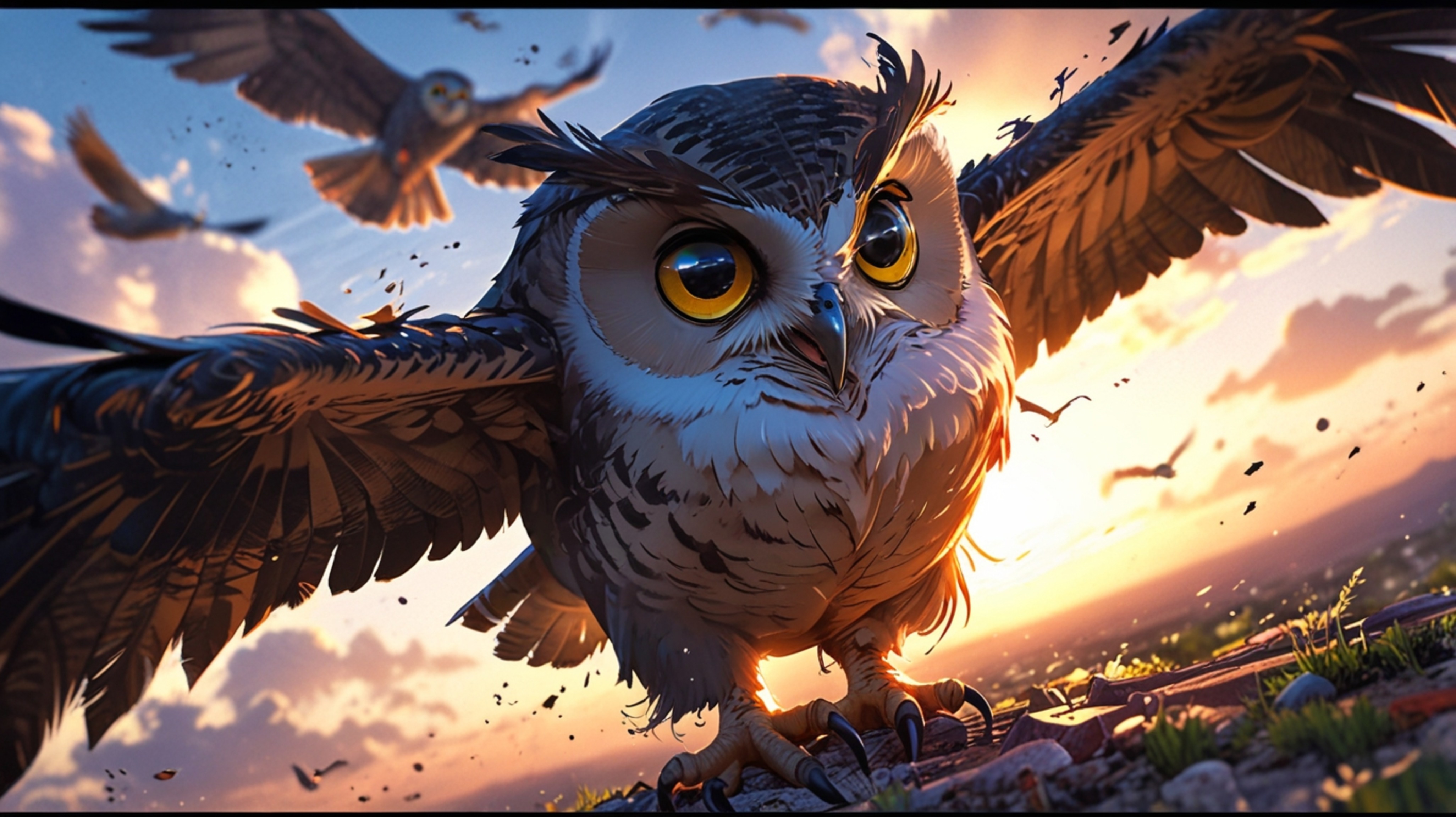 In a stunning fusion of Pixar and anime art styles, this image depicts a wise blind owl teaching other birds to fly. The scen