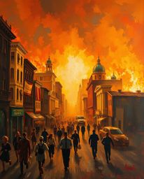 A dramatic oil painting depicting a city engulfed in flames, capturing the chaos and fear of people running in all directions