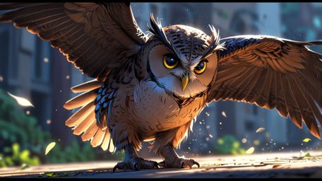 This image portrays a heartwarming scene of a blind owl in a distinctive Pixar and anime style. With its wings extended to fe