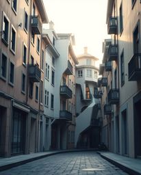 Explore a captivating surreal street scene bathed in gentle, soft light. Buildings are intricately folded and twisted in the 