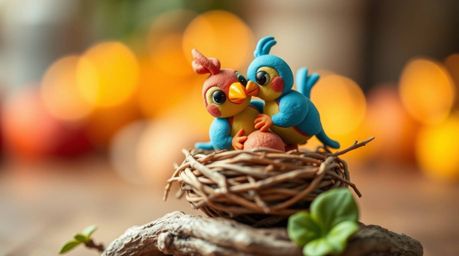 Delightful clay animation showcasing two cartoon birds meticulously constructing a nest.  The image features a sharp focus on